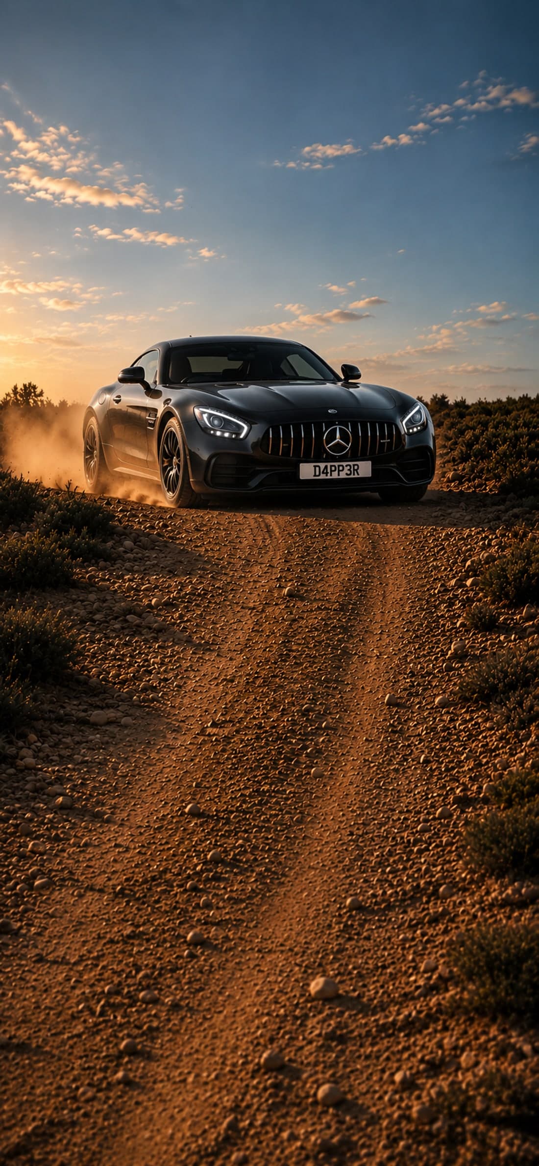 A black Mercedes-AMG GT R driving along a dust track